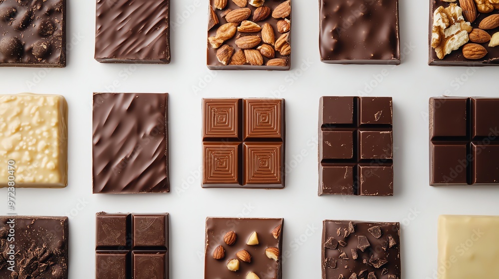 A delicious assortment of chocolate bars, each with a unique topping, arranged on a white background. A delicious assortment of chocolate bars, each with a unique topping, arranged on a white background.