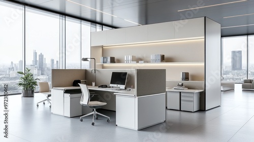 Modern Office Workspace with City View and White Desk