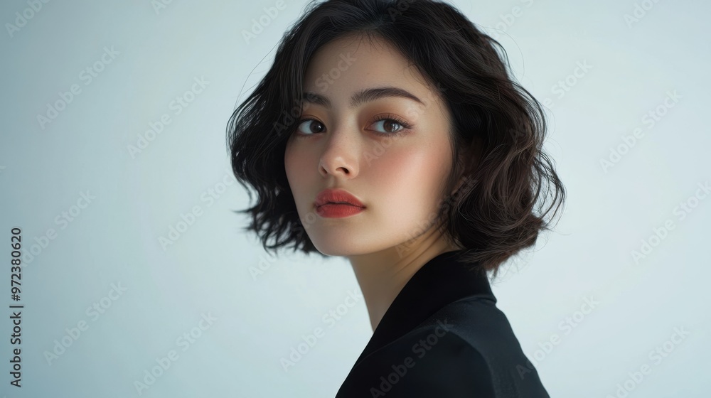 Elegant Japanese model in a reflective pose, standing against a plain white background. Elegant Japanese model in a reflective pose, standing against a plain white background.