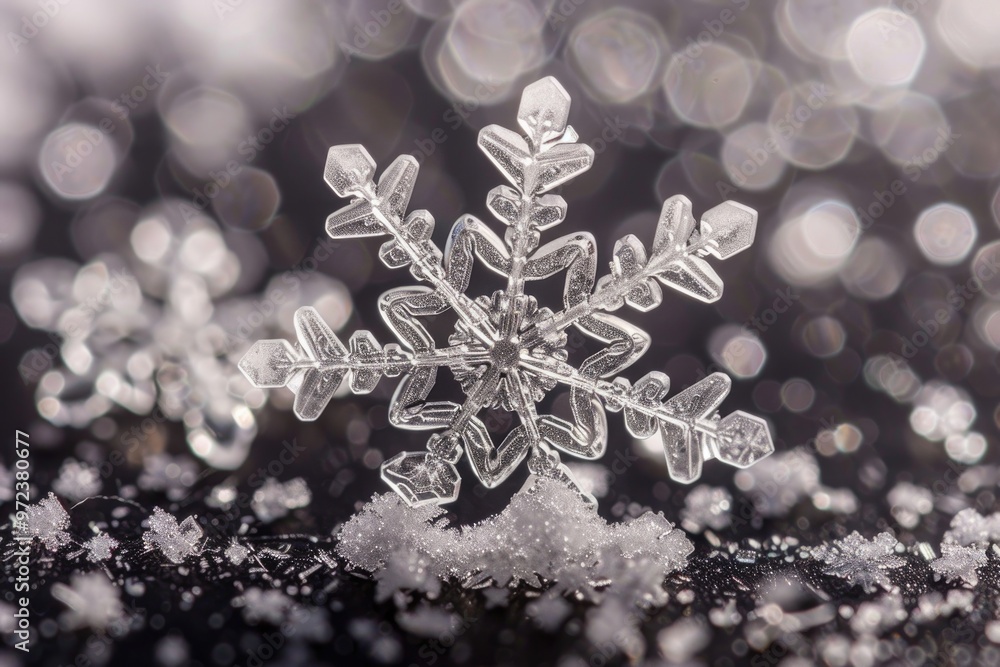 Close Up of Detailed Snowflake on Blue Frosty Background Close Up of Detailed Snowflake on Blue Frosty Background
