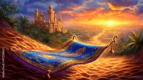 Magic carpet flying over the desert towards a palace during sunset photo