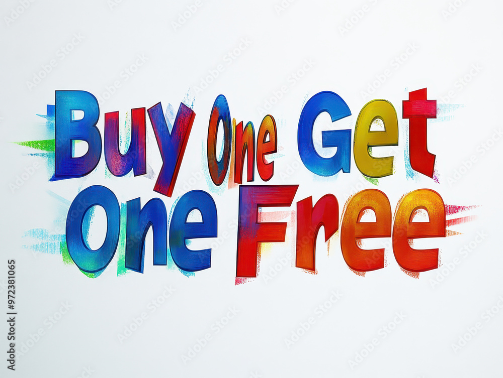 Vibrant 'Buy One Get One Free' sign in colourful letters with artistic brush strokes on a white background. Vibrant 'Buy One Get One Free' sign in colourful letters with artistic brush strokes on a white background.