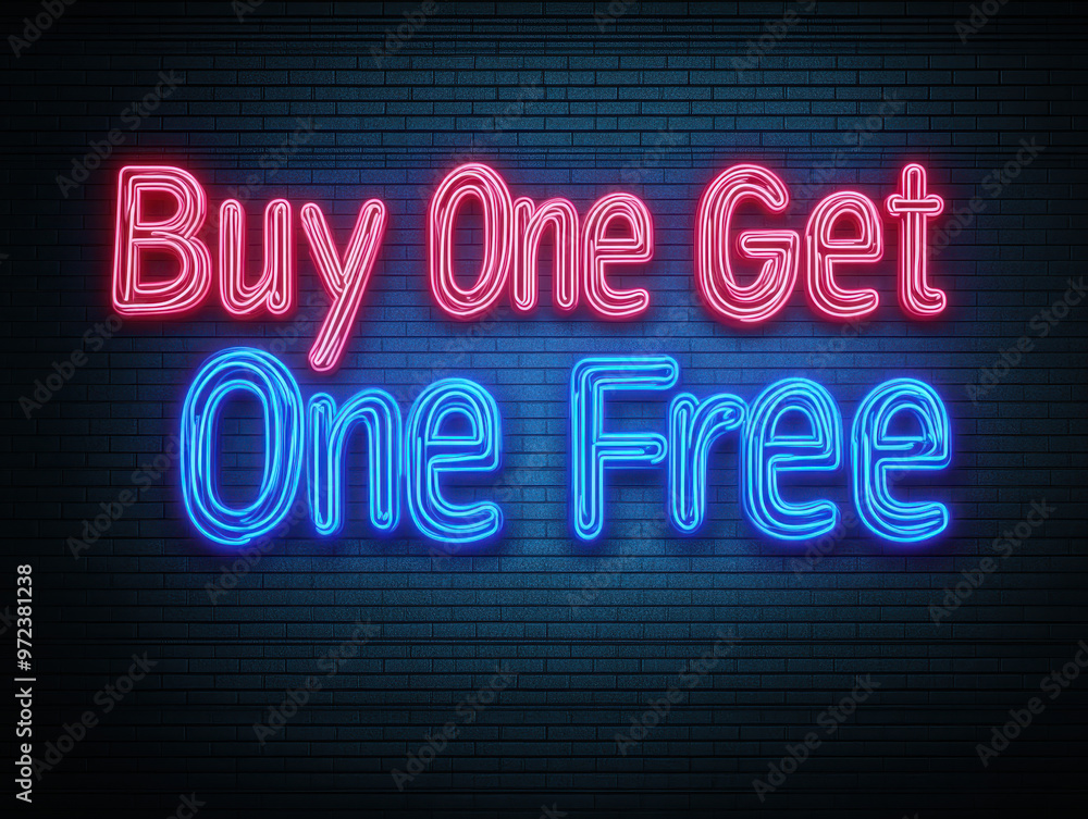 Obraz premium 'Buy One Get One Free' sign in pink and blue neon lights on a dark brick wall.