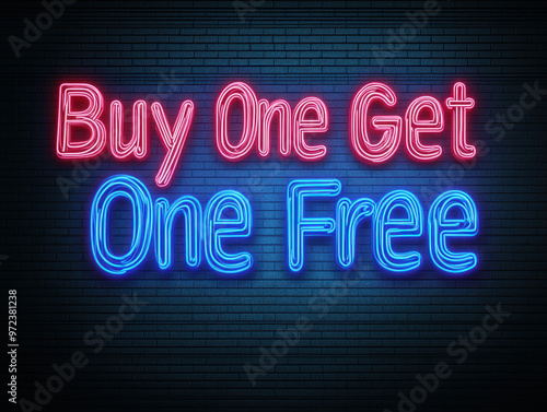 'Buy One Get One Free' sign in pink and blue neon lights on a dark brick wall.