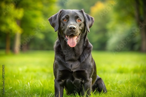 A happy black Labrador retriever dog sits on a green grass lawn, ears perked up, tongue out, and