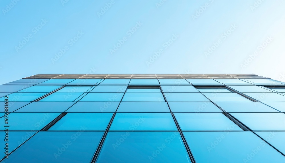 Modern Glass Facade of a Building Against a Clear Blue Sky Modern Glass Facade of a Building Against a Clear Blue Sky