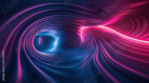 Abstract digital tunnel with vibrant blue and pink lights creating a mesmerizing flow effect through the curves.