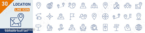 Location line icon set. Set of 30 outline icons related to map, map pin, gps, destination, directions, distance, place, navigation, address and others. Vector illustration.