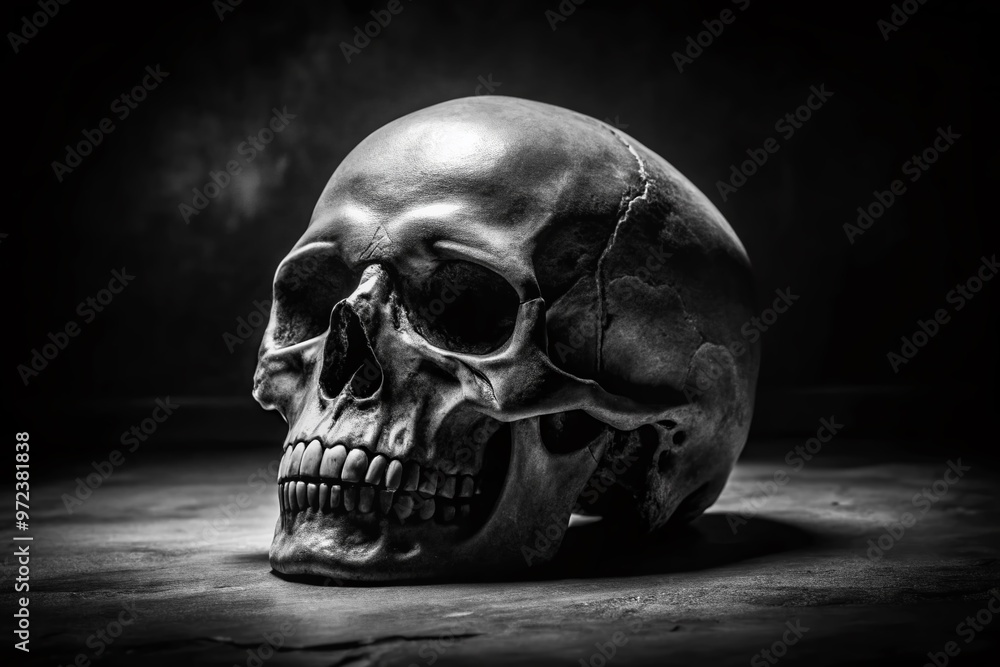 A hauntingly beautiful high-contrast black and white photograph of a human skull, shot from a dramatic angle, with A hauntingly beautiful high-contrast black and white photograph of a human skull, shot from a dramatic angle, with