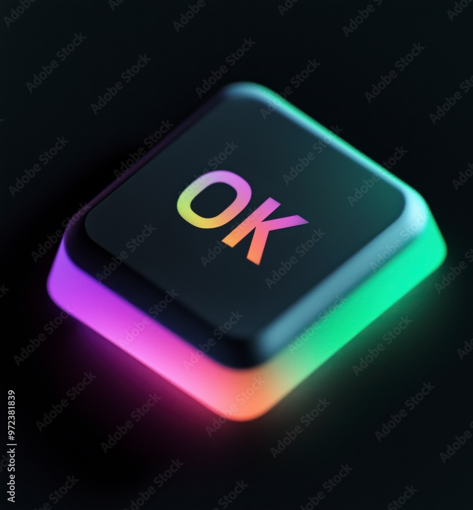 3D Render Close-Up of Neon OK Key: Abstract Concept of Choosing, Determination, and Correct Solutions on Black Background 3D Render Close-Up of Neon OK Key: Abstract Concept of Choosing, Determination, and Correct Solutions on Black Background