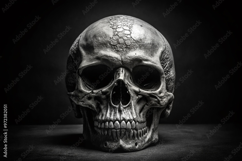 A hauntingly elegant close-up of a human skull in high-contrast black and white, with intricate texture and subtle A hauntingly elegant close-up of a human skull in high-contrast black and white, with intricate texture and subtle