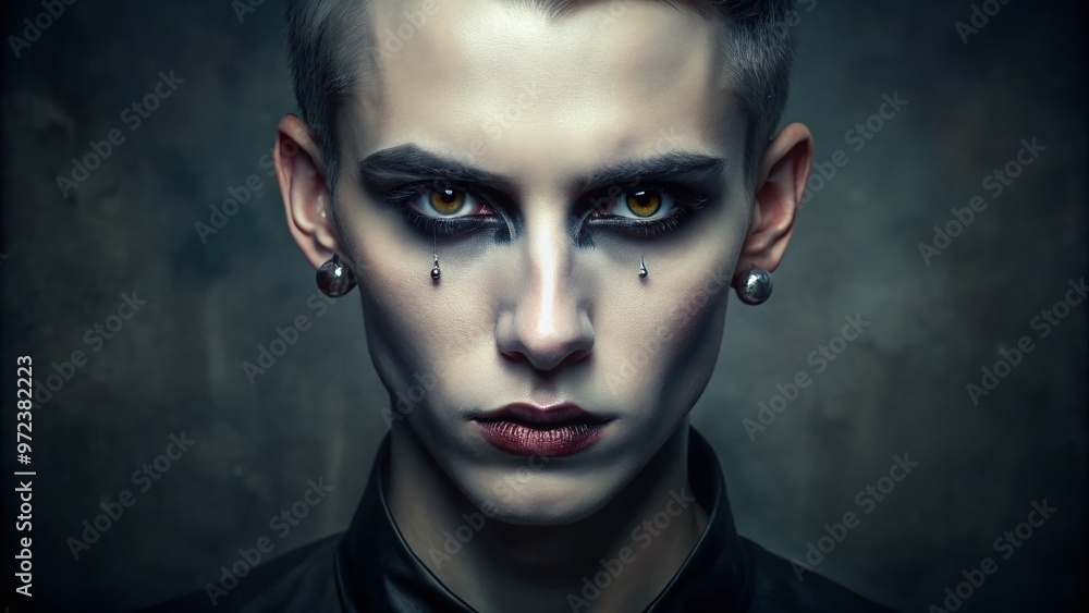 A haunting portrait of an androgynous figure with piercing black eyes, accentuated by pale skin, against a dark, A haunting portrait of an androgynous figure with piercing black eyes, accentuated by pale skin, against a dark,