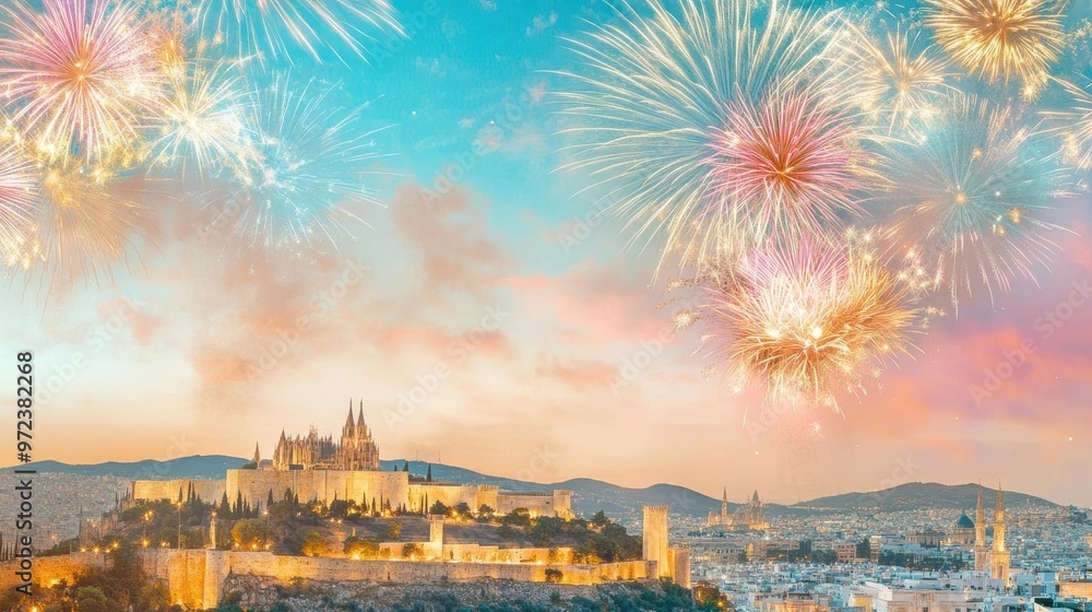 Fototapeta premium A grand celebration at a famous castle, with fireworks and colorful lights illuminating the ancient walls, as people celebrate the start of 2025