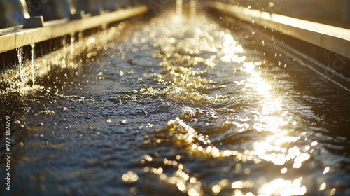 Wallpaper Mural 63. Close-up view of aeration tanks at a wastewater treatment facility, showing bubbling water and sunlight reflections, illustrating the purification process in detail Torontodigital.ca