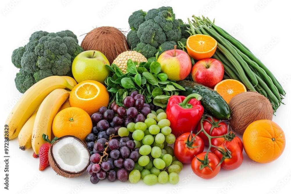 Pile of fresh fruits and vegetables including bananas, coconuts, apples, oranges, strawberries, green beans, tomatoes, garlic, beets, avocados, cabbages, asparagus, carrots Pile of fresh fruits and vegetables including bananas, coconuts, apples, oranges, strawberries, green beans, tomatoes, garlic, beets, avocados, cabbages, asparagus, carrots