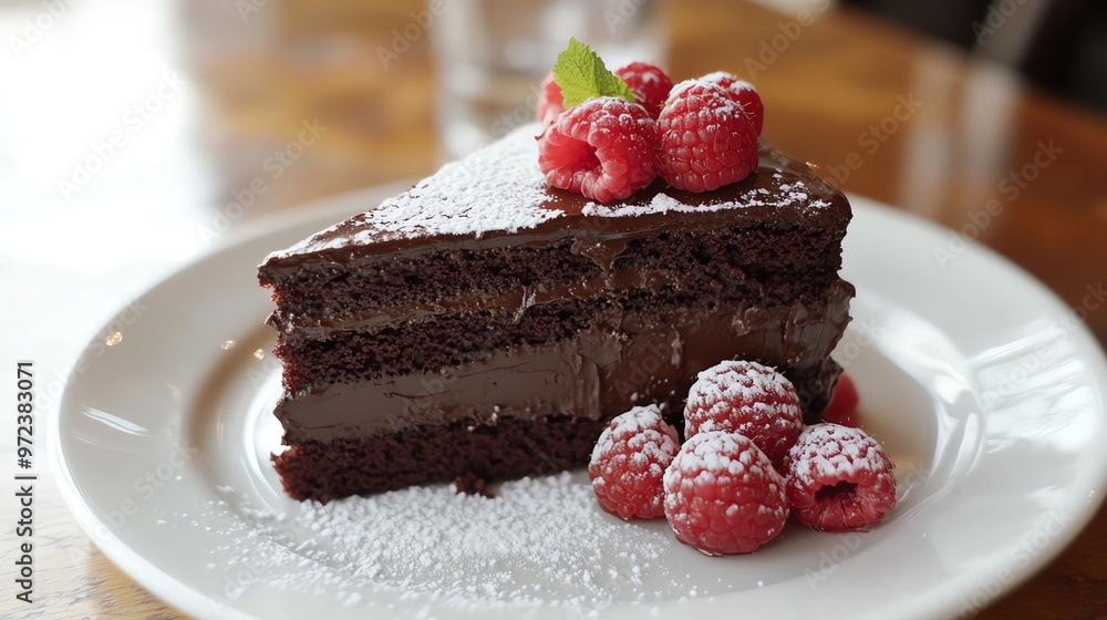 A delicious slice of chocolate cake with raspberries and powdered sugar on top. The cake is sitting on a white plate and looks very tempting. A delicious slice of chocolate cake with raspberries and powdered sugar on top. The cake is sitting on a white plate and looks very tempting.