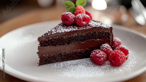 A delicious slice of chocolate cake with raspberries and powdered sugar on top. The cake is sitting on a white plate and looks very tempting.