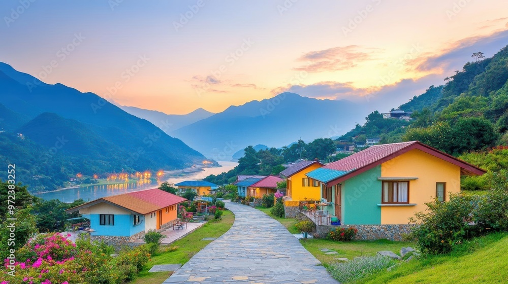 A peaceful mountain village at midnight, with small fireworks displays in the distance and families celebrating the arrival of 2025 with a calm, joyful atmosphere A peaceful mountain village at midnight, with small fireworks displays in the distance and families celebrating the arrival of 2025 with a calm, joyful atmosphere