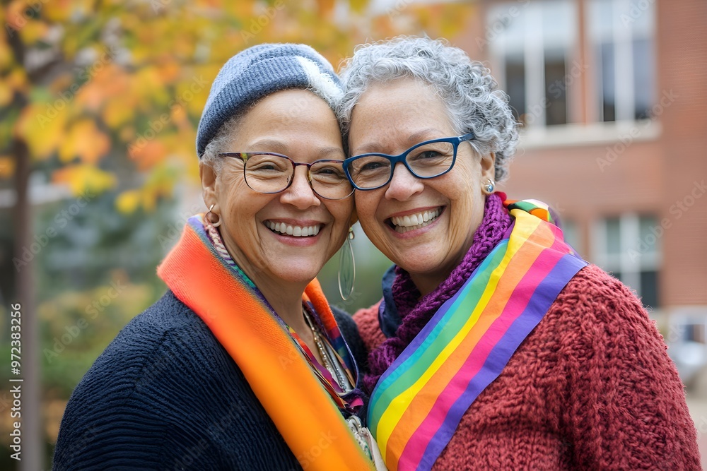Two women are smiling and wearing rainbow scarves Two women are smiling and wearing rainbow scarves