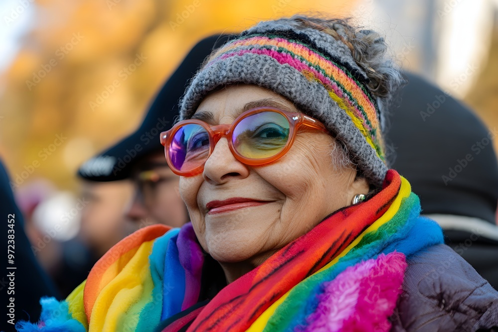 A woman wearing a rainbow scarf and glasses is smiling A woman wearing a rainbow scarf and glasses is smiling