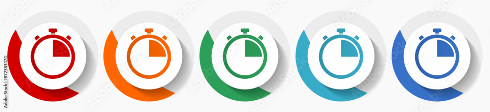 Clock, watch, stopwatch vector icon set, flat icons for logo design, webdesign and mobile applications, colorful round buttons Clock, watch, stopwatch vector icon set, flat icons for logo design, webdesign and mobile applications, colorful round buttons