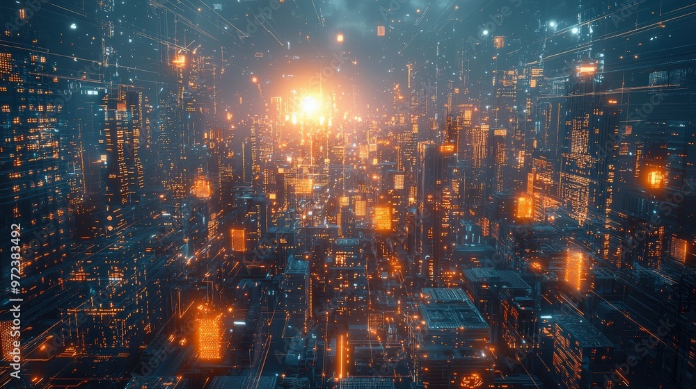 Fototapeta premium AI urban planning, futuristic cityscape, digital networks, advanced technology