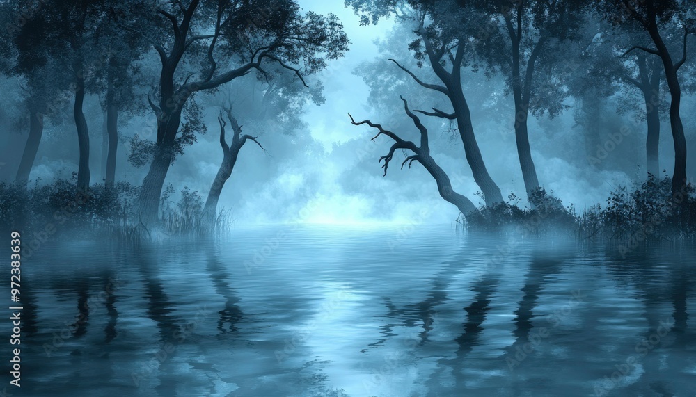 Fototapeta premium Silhouetted Trees Reflecting in Misty Water