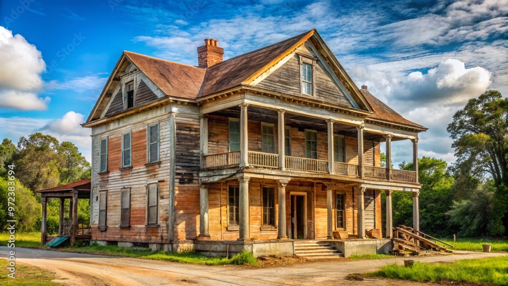 A historic antebellum mansion, once a beloved roadside restaurant, undergoes renovation, its worn wooden facade and A historic antebellum mansion, once a beloved roadside restaurant, undergoes renovation, its worn wooden facade and