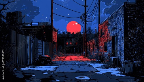 A Narrow Urban Alleyway Under a Red Moonlit Sky photo