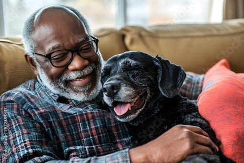 A man is sitting on a couch with a black dog