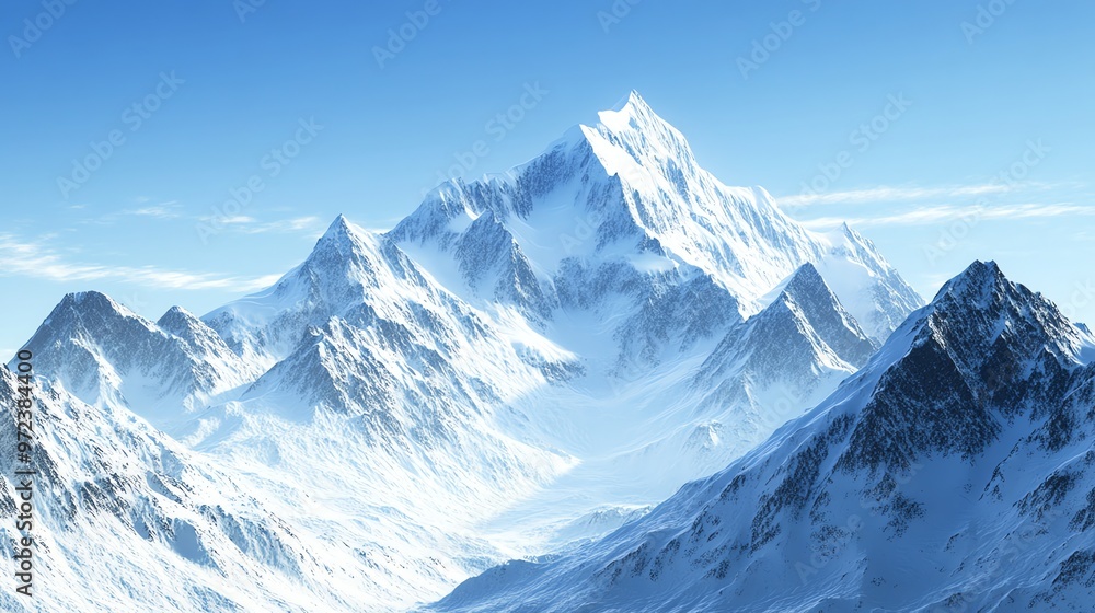 Obraz premium A majestic snow-capped mountain peak rises above a stunning landscape of snow-covered peaks and valleys.