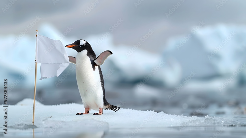 Obraz premium Penguin Holding White Flag: A cute penguin standing on ice, holding a small white flag. 