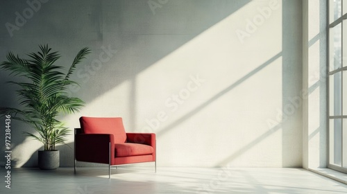 Wallpaper Mural Japandi, minimalist interior design of modern living room with red accent armchair Torontodigital.ca