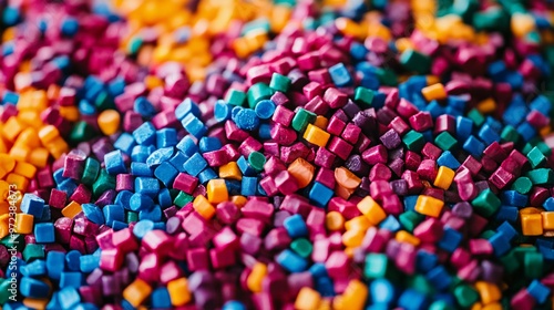 82. Detailed image showcasing a heap of colorful plastic pellets, highlighting an initiative for recycling and sustainable manufacturing. The scene is enriched with subtle eco-friendly symbols,