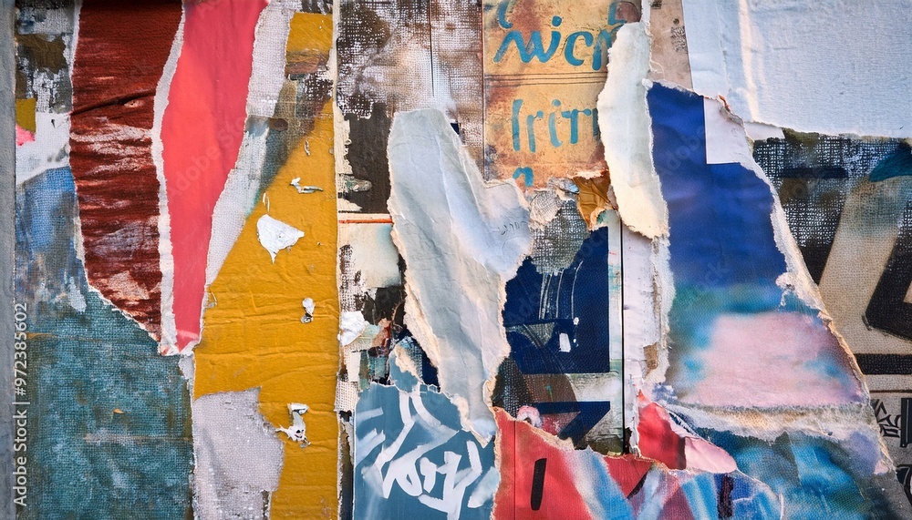 Fototapeta premium Old colorful posters ripped torn crumpled paper abstract grunge texture wall backdrop placard surface, collage urban street posters background