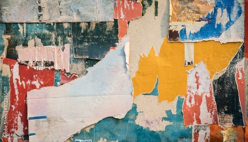Old colorful posters ripped torn crumpled paper abstract grunge texture wall backdrop placard surface, collage urban street posters background