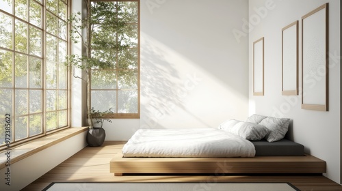 Elegant small Japanese bedroom with a window seat, minimalist design, and white