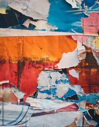 Old colorful posters ripped torn crumpled paper abstract grunge texture wall backdrop placard surface, collage urban street posters background