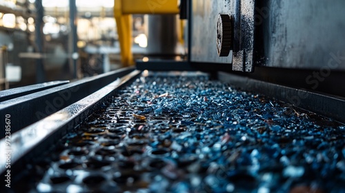 97. Detailed image of an automatic washing machine used for cleaning shredded plastic, focusing on the grate and plate stirrers. The close-up view showcases the machinery and the recycling process in