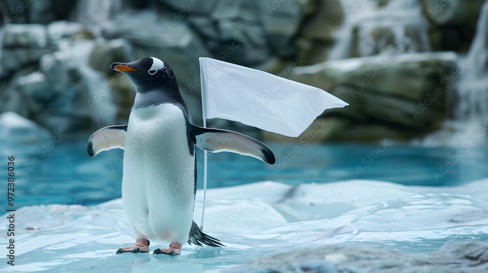 Obraz premium Penguin Holding White Flag: A cute penguin standing on ice, holding a small white flag. 