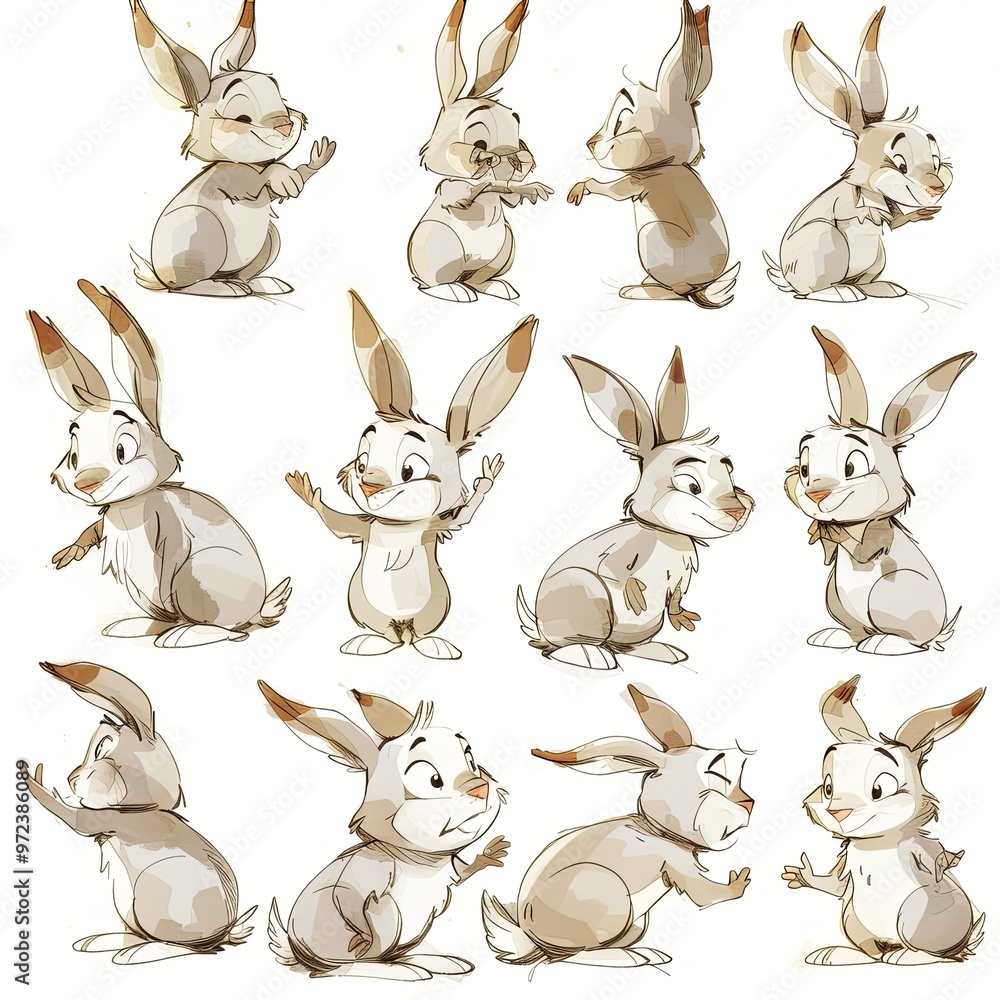 Character design sheet of many poses for a simplified child-like drawing rabbit in style of mininalistic watercolor. Character design sheet of many poses for a simplified child-like drawing rabbit in style of mininalistic watercolor.