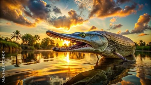 A large alligator gar fish breaks the surface of a murky swamp, its long snout and sharp teeth photo