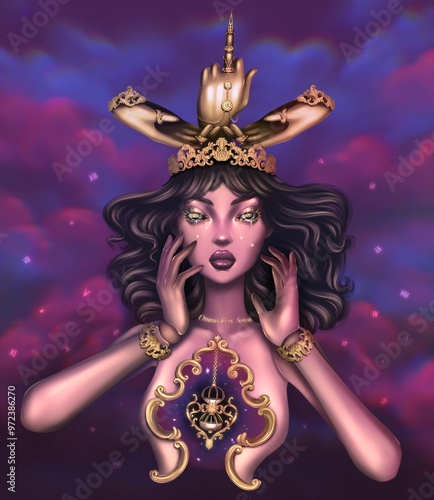 A girl with an hourglass in her heart. Beautiful woman, digital illustration.