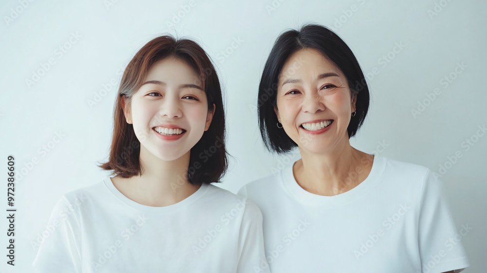 A joyful moment between two women showcasing love and connection, wearing matching white t-shirts against a light background. A joyful moment between two women showcasing love and connection, wearing matching white t-shirts against a light background.