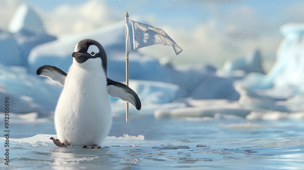 Obraz premium Penguin Holding White Flag: A cute penguin standing on ice, holding a small white flag. 