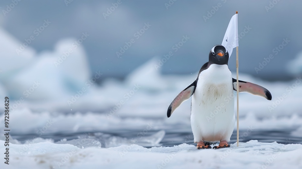Obraz premium Penguin Holding White Flag: A cute penguin standing on ice, holding a small white flag. 