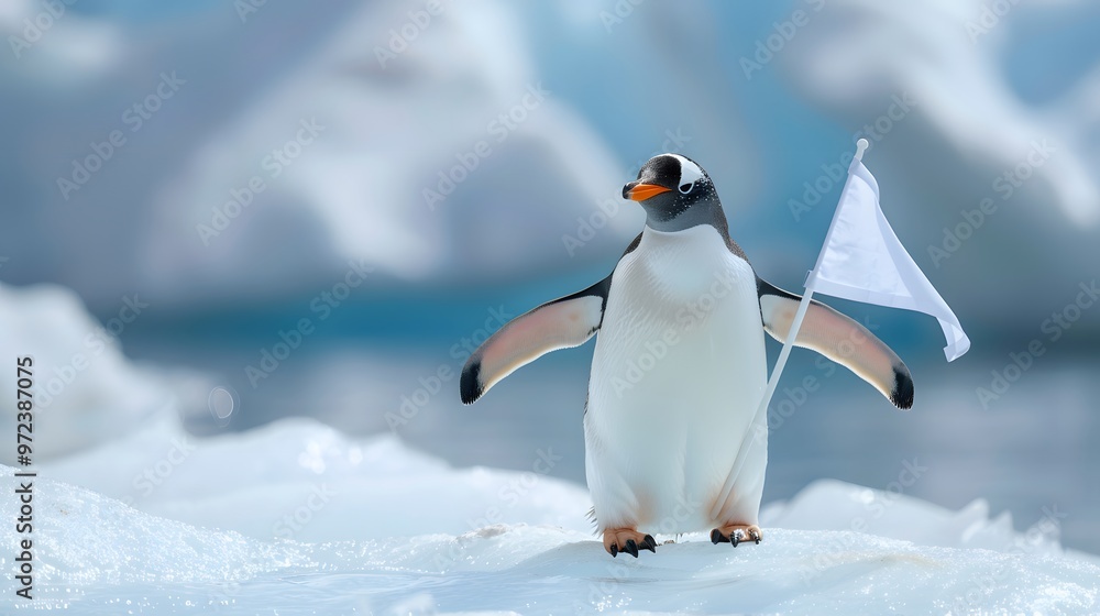 Obraz premium Penguin Holding White Flag: A cute penguin standing on ice, holding a small white flag. 