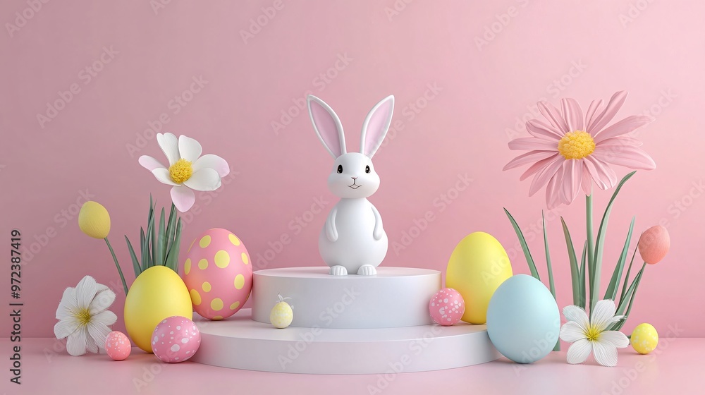 Fototapeta premium 9. Vibrant 3D easter eggs, a playful rabbit, and a charming flower encircle a sleek, modern podium. The empty display space is ideal for showcasing products in a joyful, springtime setting. Bright,