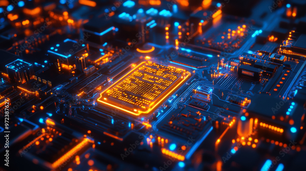 Vibrant close-up of a futuristic microchip illuminated by glowing circuits against a dark background Vibrant close-up of a futuristic microchip illuminated by glowing circuits against a dark background