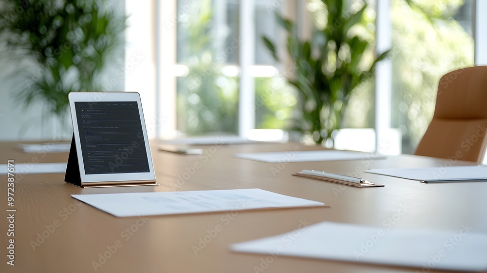 A detailed image of a business meeting room with executives engaging in a strategy session, with digital devices and documents on the table. The image is fully in focus with deep depth of field and A detailed image of a business meeting room with executives engaging in a strategy session, with digital devices and documents on the table. The image is fully in focus with deep depth of field and